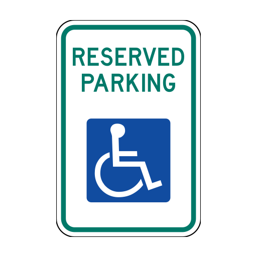 White parking sign with green RESERVED PARKING text and a blue wheelchair symbol.