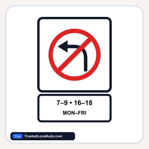A no-left-turn sign with a tab below it that shows 7–9 and 16–18 and the days MON–FRI.