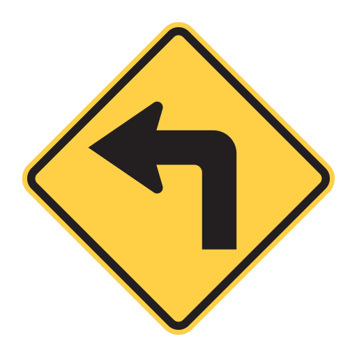 A black arrow bends sharply left through a right angle on a yellow diamond.