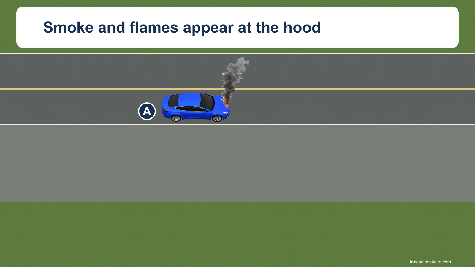 Blue A is still in the travel lane of a two-way road. Smoke and flames appear at the hood. The road has a paved shoulder; no stopping route or evacuation instruction appears.