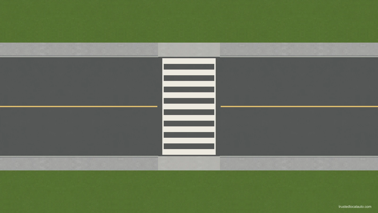 Broad parallel white bands extend across both lanes of a two-way road between the sidewalks. A yellow centre line divides the two traffic directions.