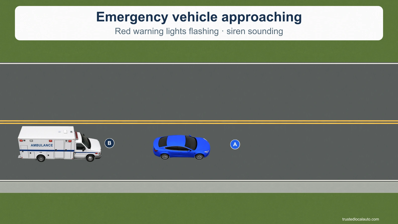 An ambulance B approaches behind blue A on a straight two-way road. The header states that red warning lights are flashing and a siren is sounding. A is still in its lane, with no question path to the road edge.