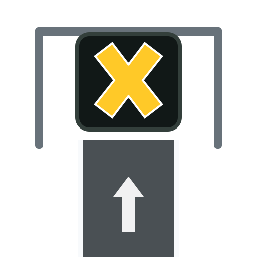 A steady yellow X fills a dark overhead lane-control panel. A lane and forward arrow are shown below it.