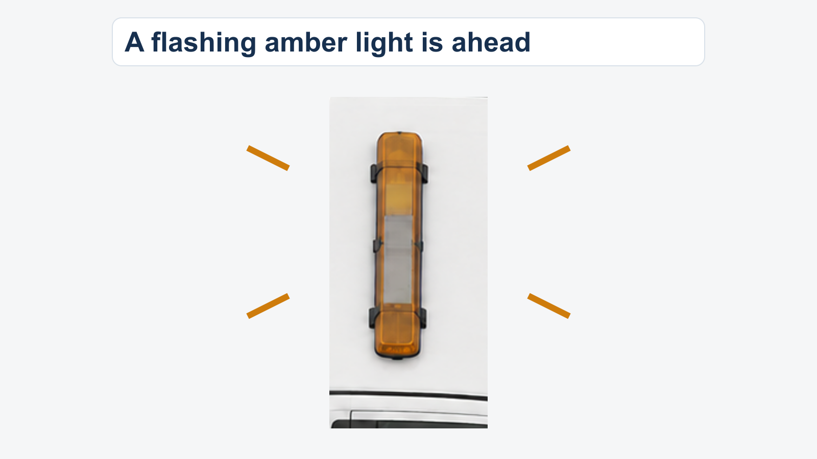 Enlarged amber warning-light housing on a small area of a white vehicle roof. Short rays indicate flashing. No vehicle type, work site or driving response is shown.