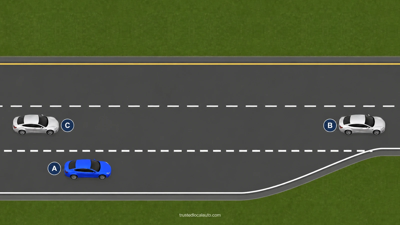 Blue A occupies an acceleration lane beside highway traffic B and C. No merge route or marked safe gap appears.