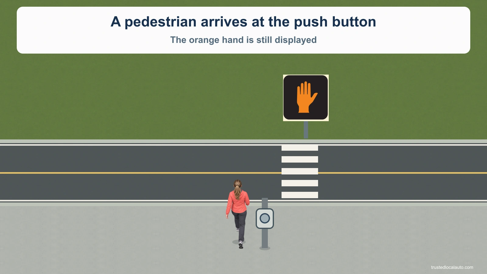 An adult approaches a reachable push button on the near sidewalk. The far-side pedestrian signal shows a steady orange hand. The pedestrian remains behind the curb beside the marked crossing.