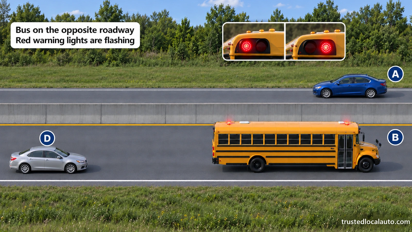 Blue A is on the roadway opposite yellow bus B, separated by a continuous concrete barrier. Silver D follows B on the bus roadway. An inset shows the red warning lamps alternating.