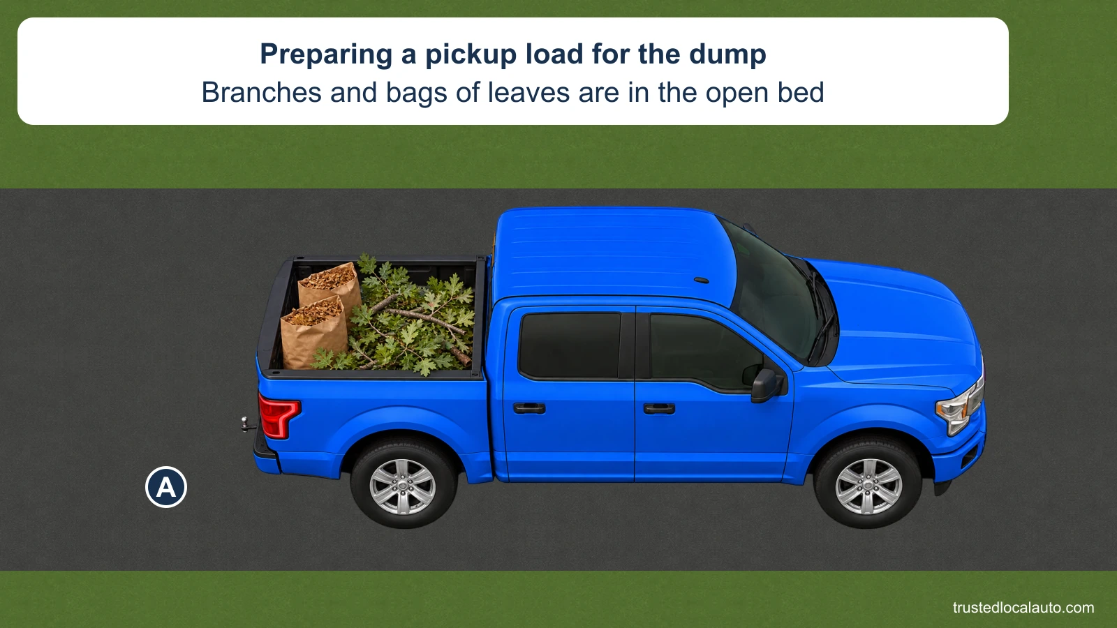 A parked pickup has loose branches and open bags of leaves in its bed before a trip to the dump. The load is shown clearly in an enlarged view.