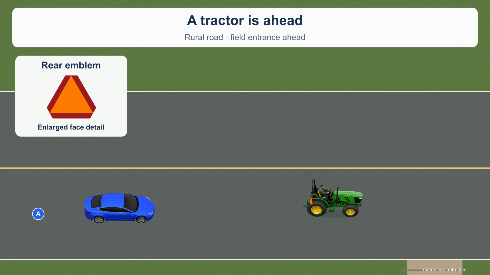 A tractor has an orange triangle with a red border on its rear. An enlarged detail shows the same emblem.