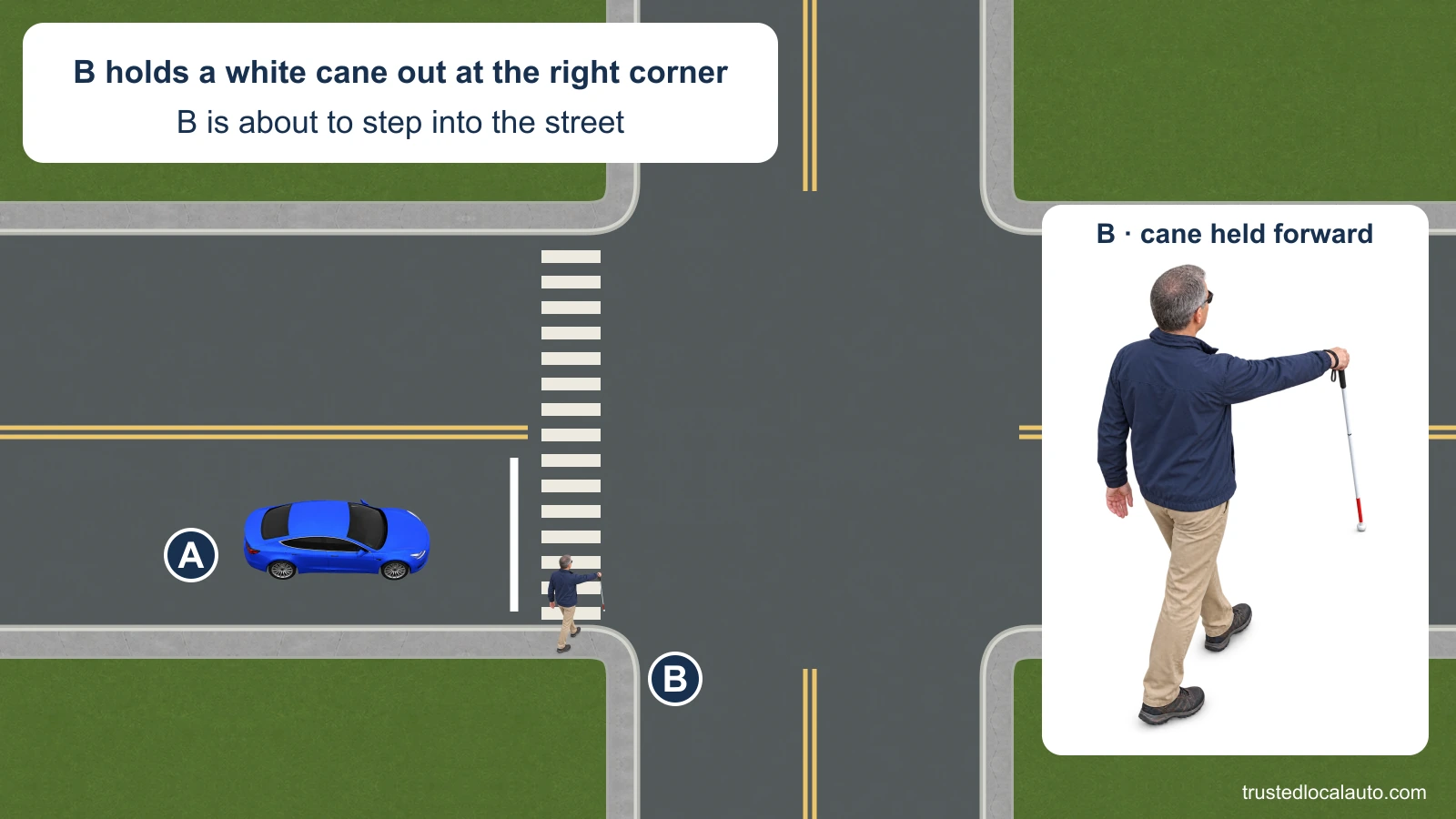 A approaches an intersection without traffic signals. B is on the right corner holding a white cane out in front and is about to step into the street; an enlarged detail makes the cane pose clear.