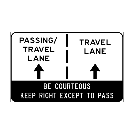B.C. road sign I-080 displaying Be courteous. Keep right except to pass.