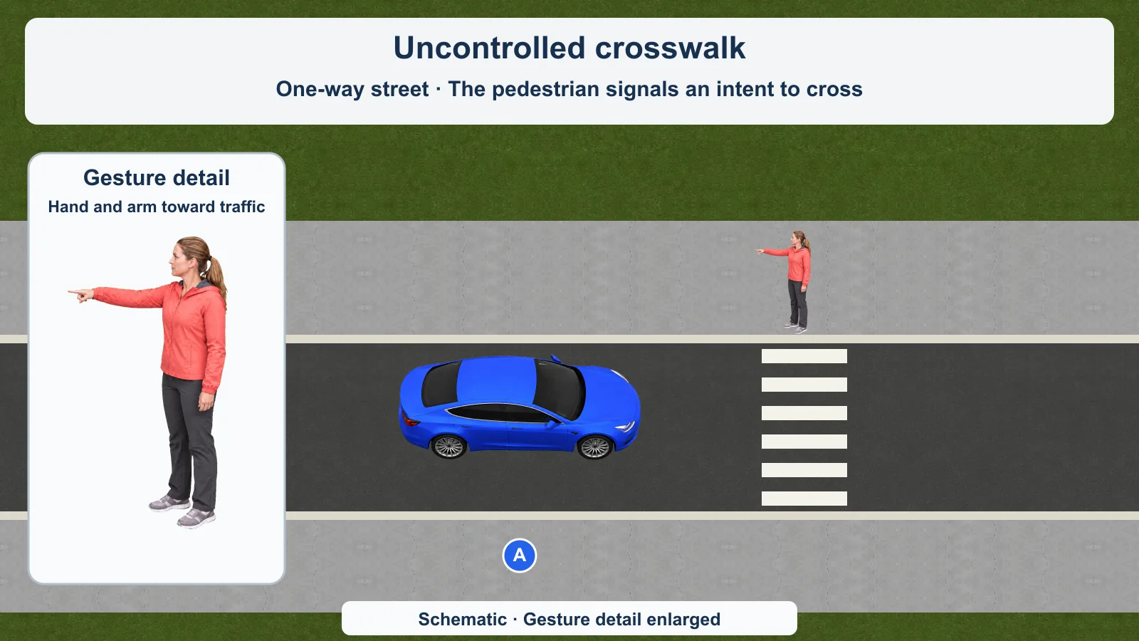Blue car A approaches a marked uncontrolled crosswalk on a one-way street. A pedestrian at the upper curb entrance to the crosswalk raises a hand and arm toward the approaching traffic. An enlarged detail shows the same gesture.