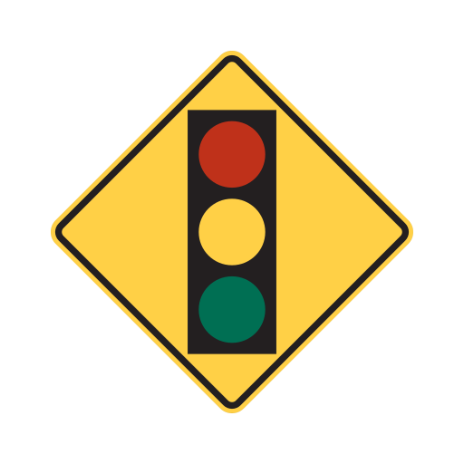 Yellow diamond sign with a vertical three-lamp symbol showing red, yellow, and green circles.