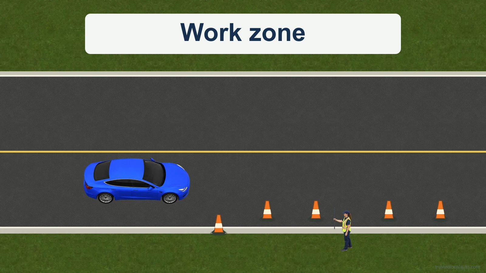 A blue car approaches a highway worker beside its lane on an undivided road within a marked work zone.