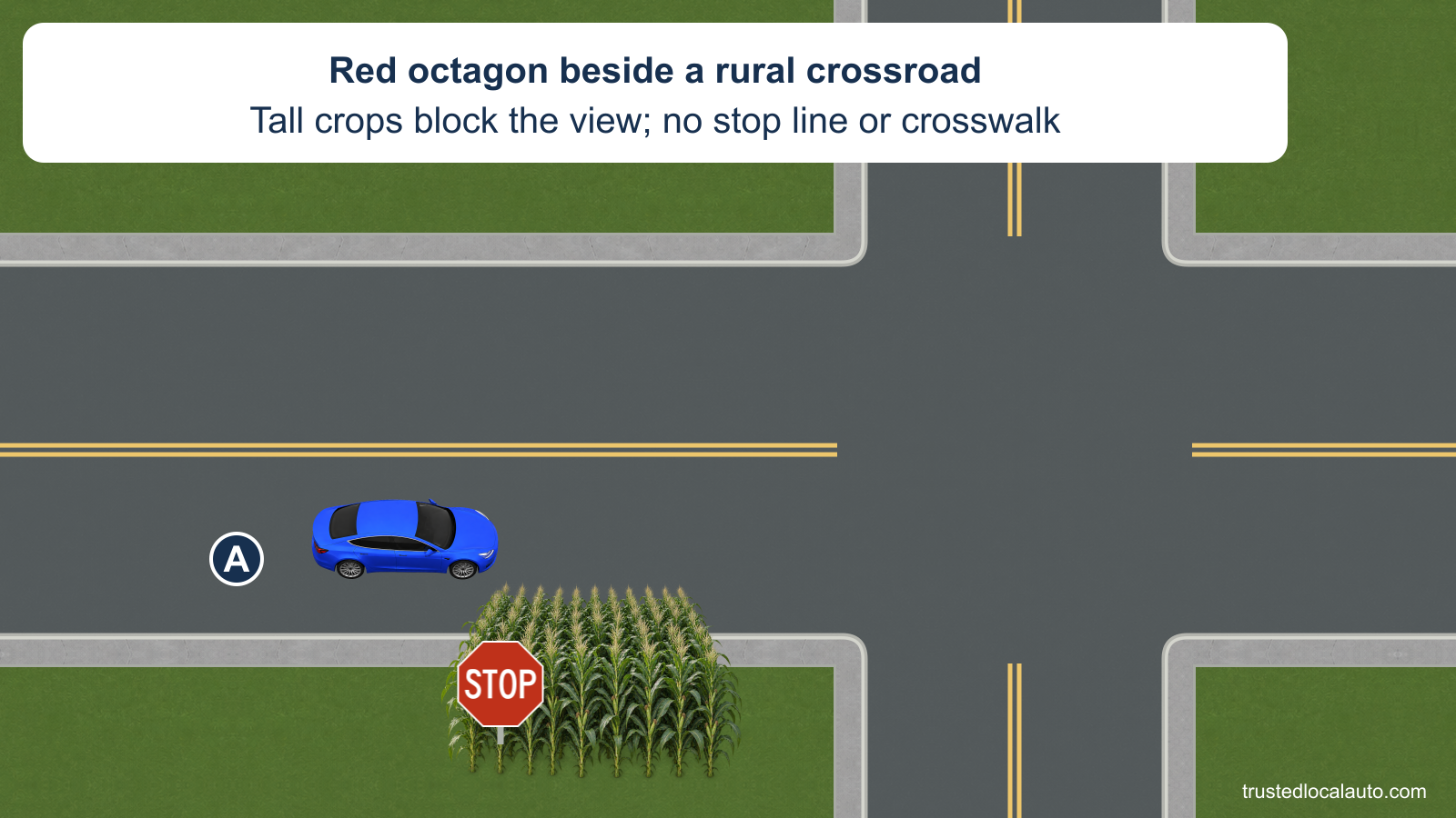 A approaches a rural crossroad with no stop line or crosswalk. The STOP sign stands back beside tall crops, which continue ahead of the sign and block the view toward crossing traffic.