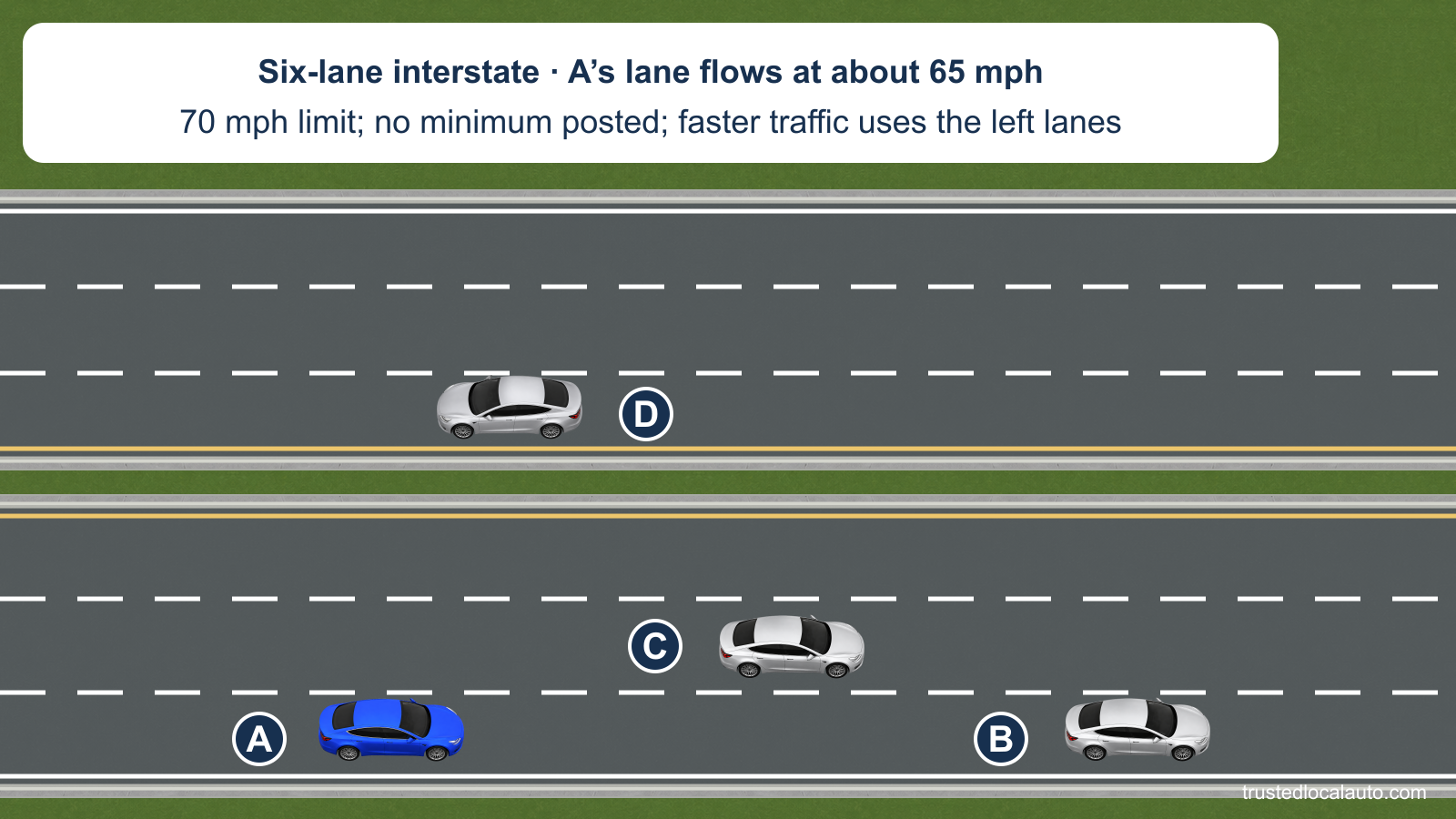 A and B travel in the rightmost of three interstate lanes in their direction, while C uses a lane to their left. Across a grass median, D travels the other way in the opposite three-lane roadway; the card states the 65 mph flow, 70 mph limit and absence of a posted minimum.