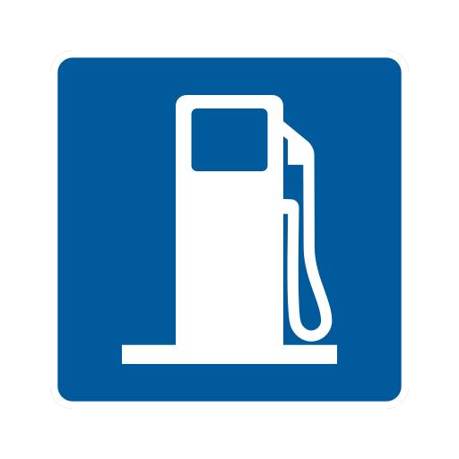 A white gas-pump silhouette, including its hose and nozzle, is centered on a blue square with a white border.