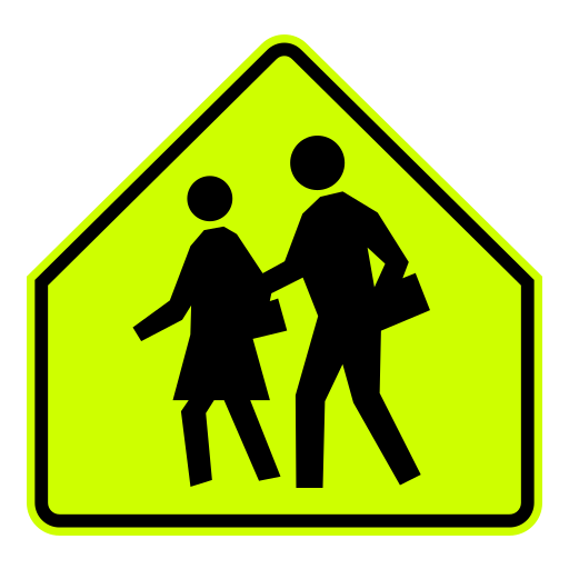 Fluorescent yellow-green five-sided sign with two black walking figures.