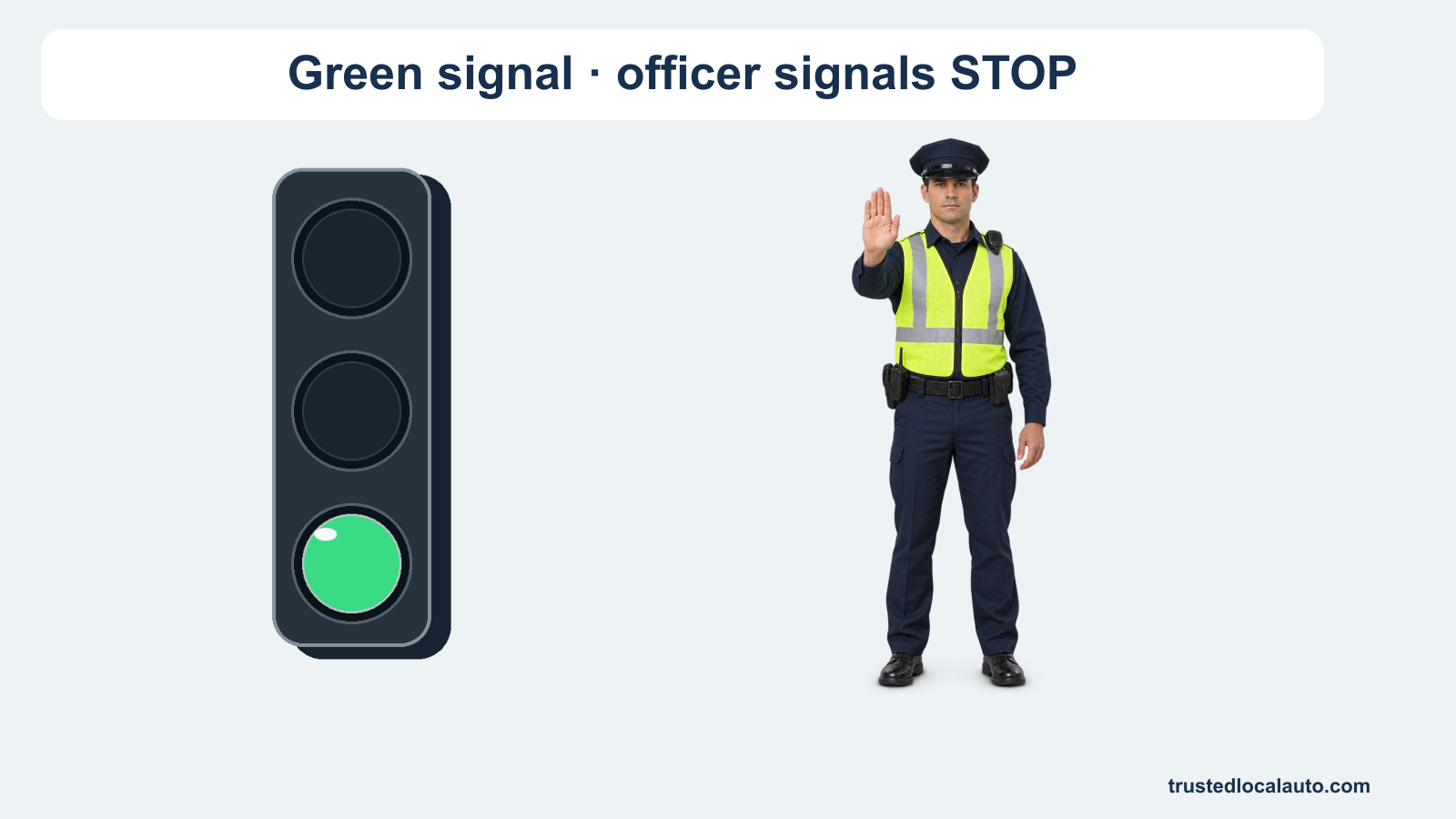 A green circular traffic light is shown beside an officer holding a hand up to direct a stop.