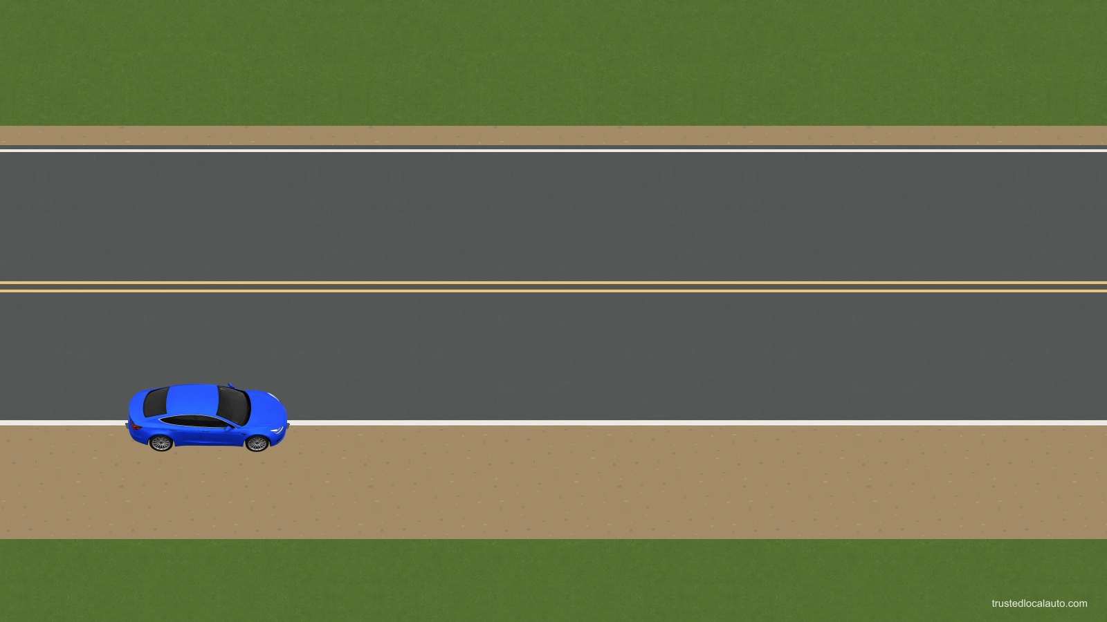 The blue car’s right wheels are on a shoulder flush with the pavement. The car remains parallel to the roadway; the edge has no drop-off or bevel. No question path selects a recovery maneuver.