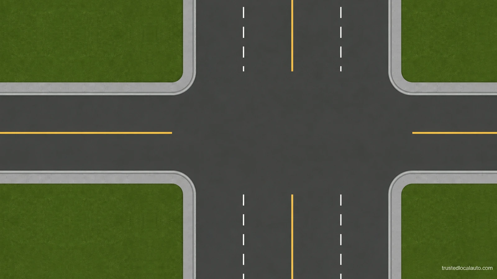 An empty four-way junction has a two-way approach and a receiving road with more than one lane in each direction. No actor or route selects a lane.