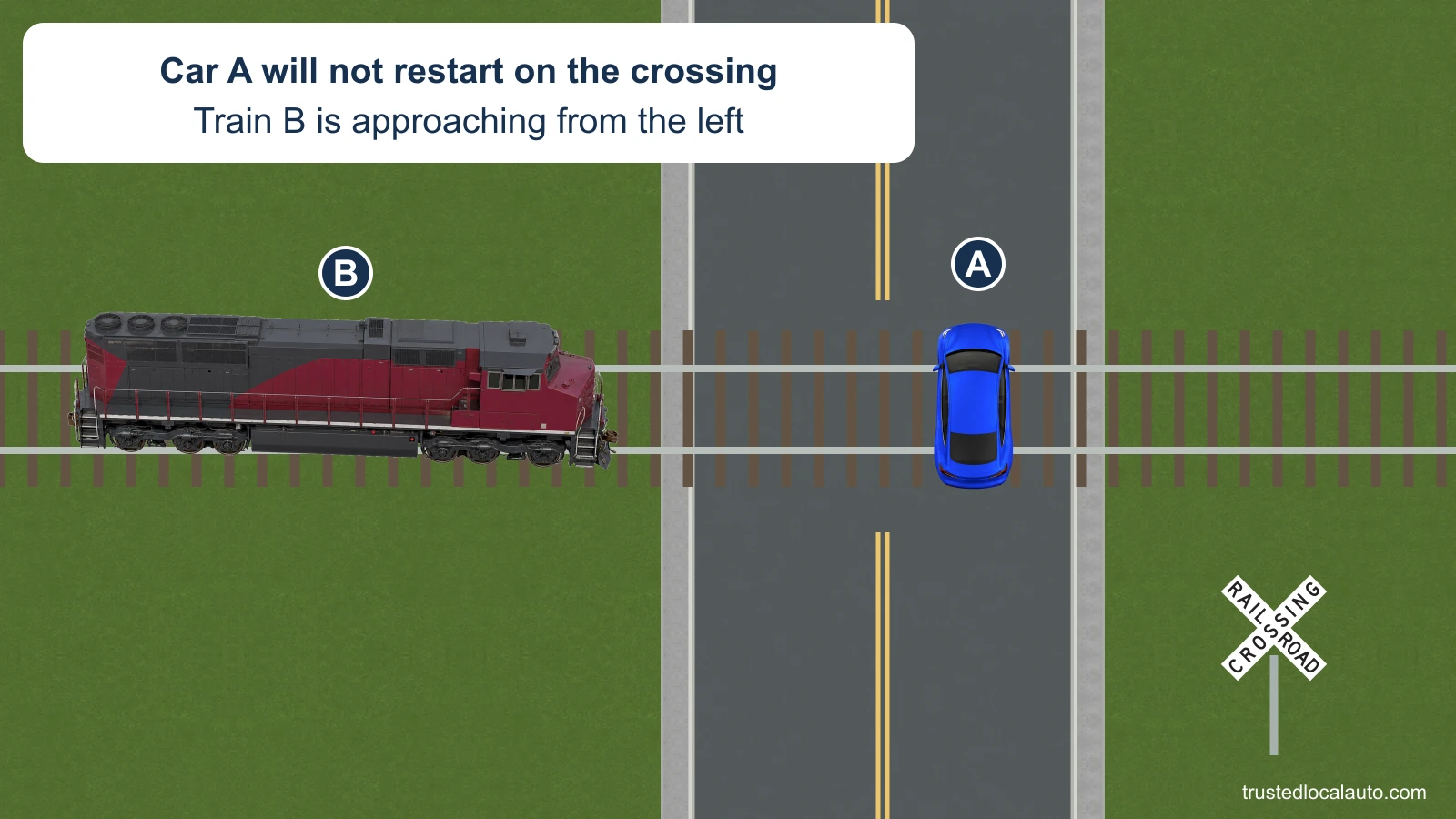 Car A is stalled across the rails of a railroad crossing and will not restart. Train B approaches from the left, and a U.S. crossbuck identifies A’s approach; no escape path or phone instruction appears in the question.