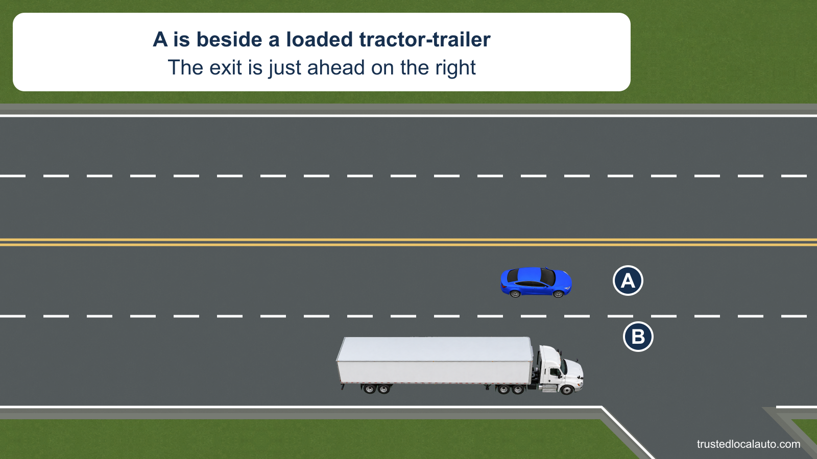 A travels beside loaded tractor-trailer B in the left lane of a four-lane, two-way highway. A right-hand exit branches from the truck’s lane just ahead.