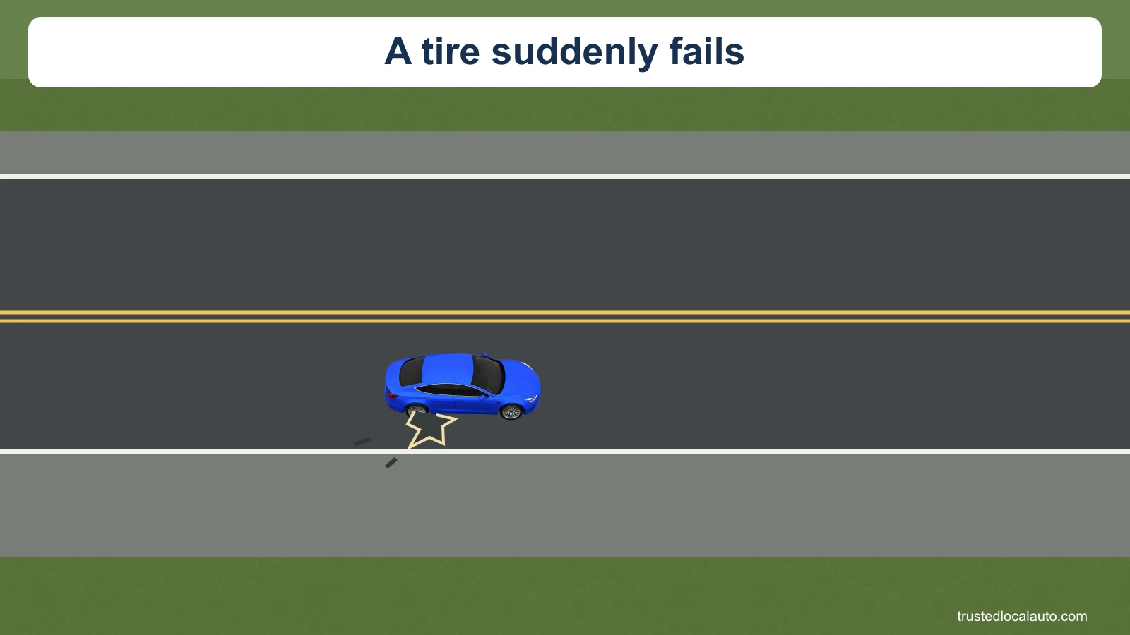 A blue car has a sudden tire failure while travelling in its lane.