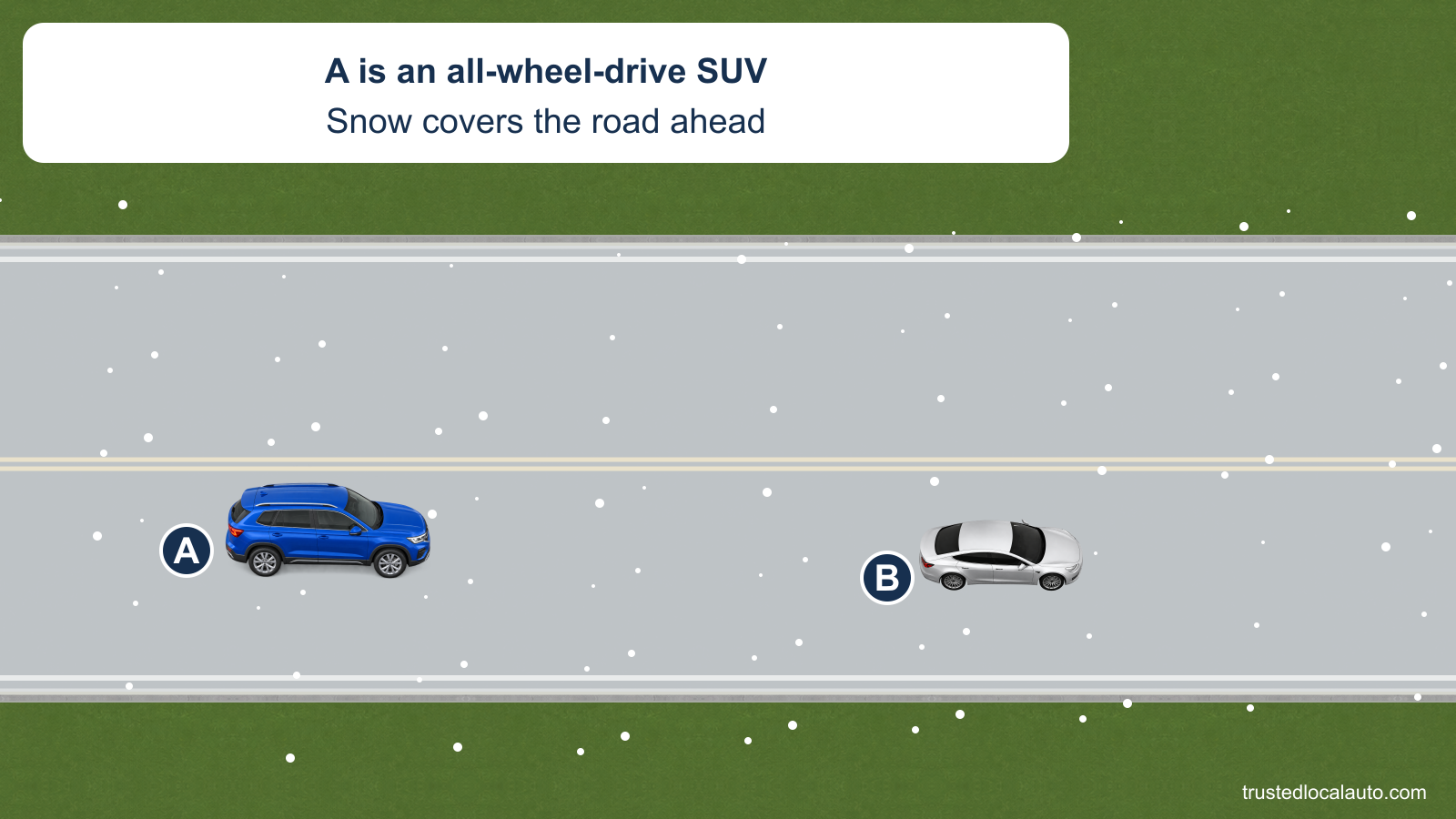 Blue SUV A follows silver car B on a snow-covered two-lane road. No time bracket or target gap appears in the question image.
