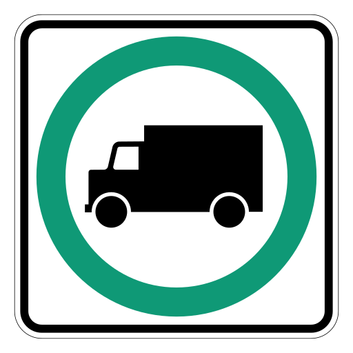 A white square sign with a black truck inside a green circle.