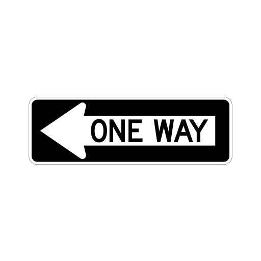 Black horizontal ONE WAY sign with a white arrow pointing left.