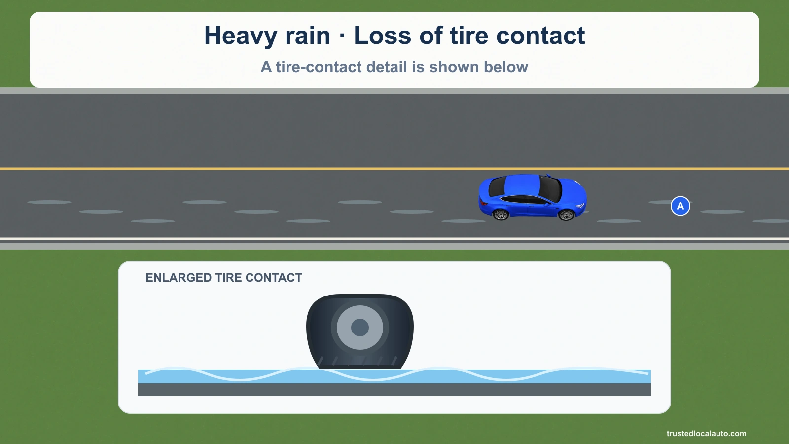 Blue A is on a wet road. An enlarged tire-contact detail shows a water film between the tire and road. The detail has a separate scale.