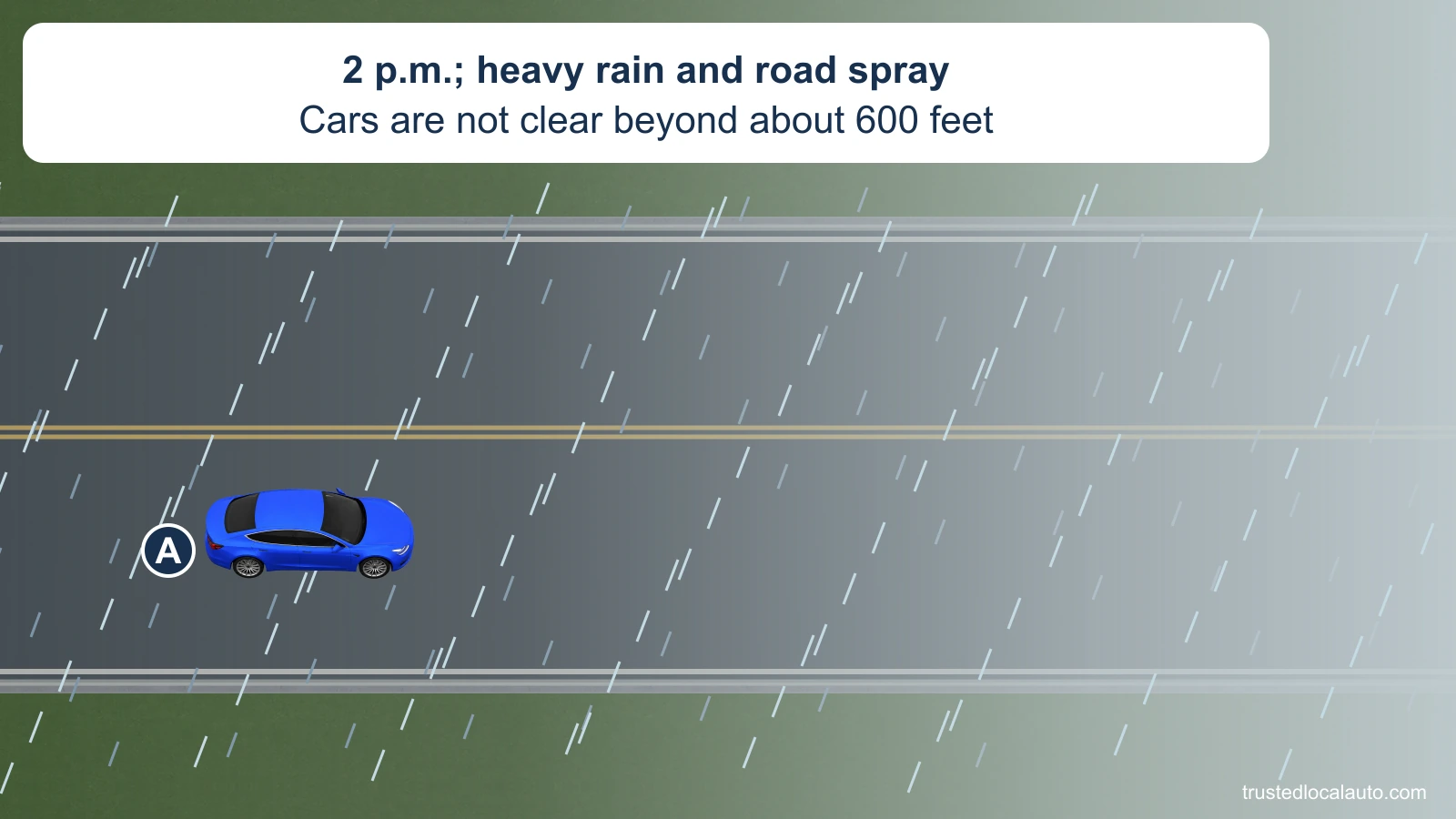A travels on a straight two-lane highway in heavy afternoon rain. Slanted rain streaks and gray road spray hide distant lane markings; the card says cars cannot be seen clearly beyond about 600 feet at 2 p.m.