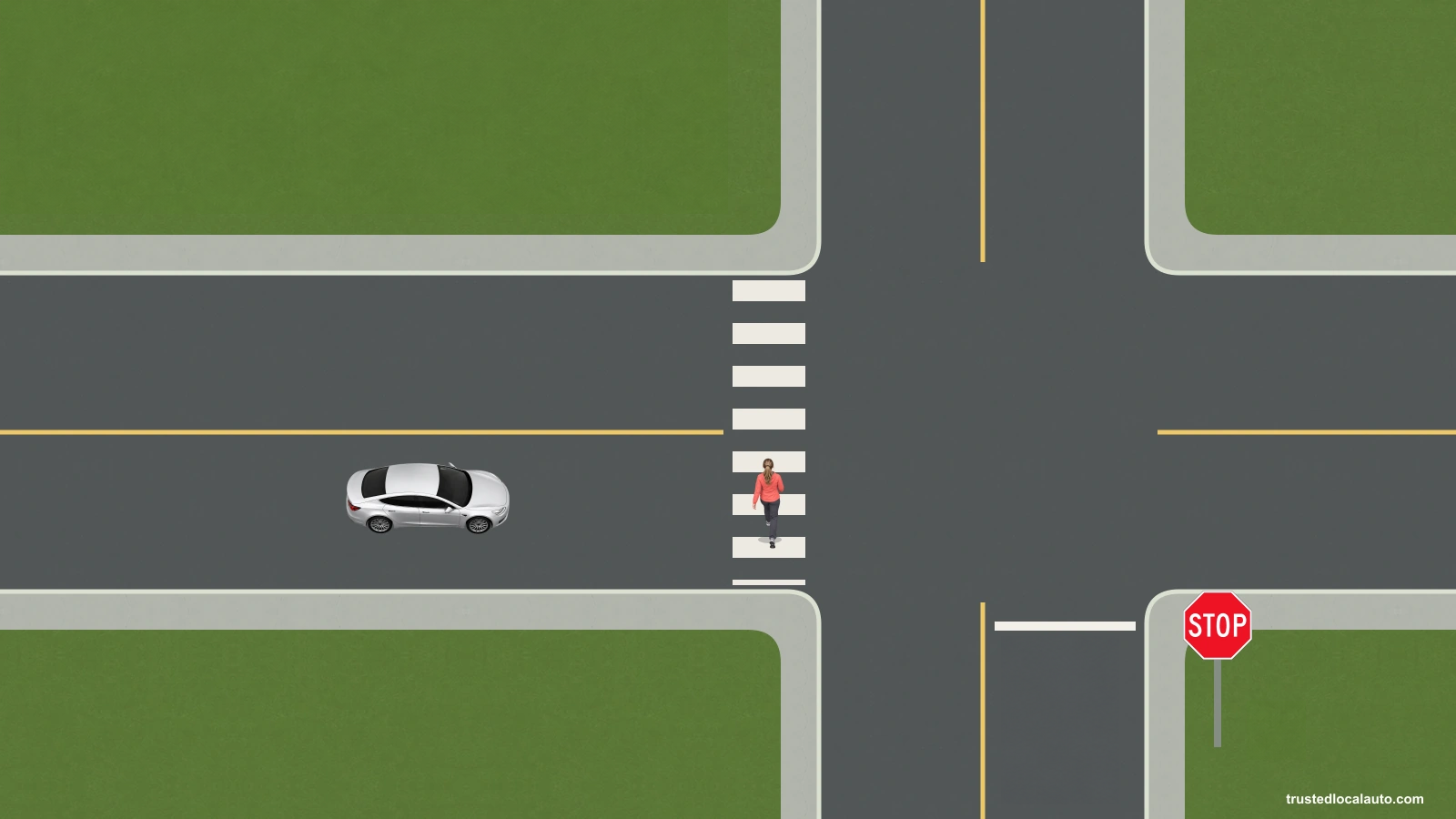 An intersection has a STOP sign and white stop line on the unoccupied lower approach. A silver car and a pedestrian are on the cross street.