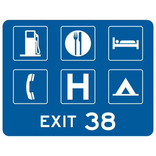 A blue rectangle shows six white service-symbol panels above EXIT 38: fuel, food, lodging, telephone, hospital and camping.