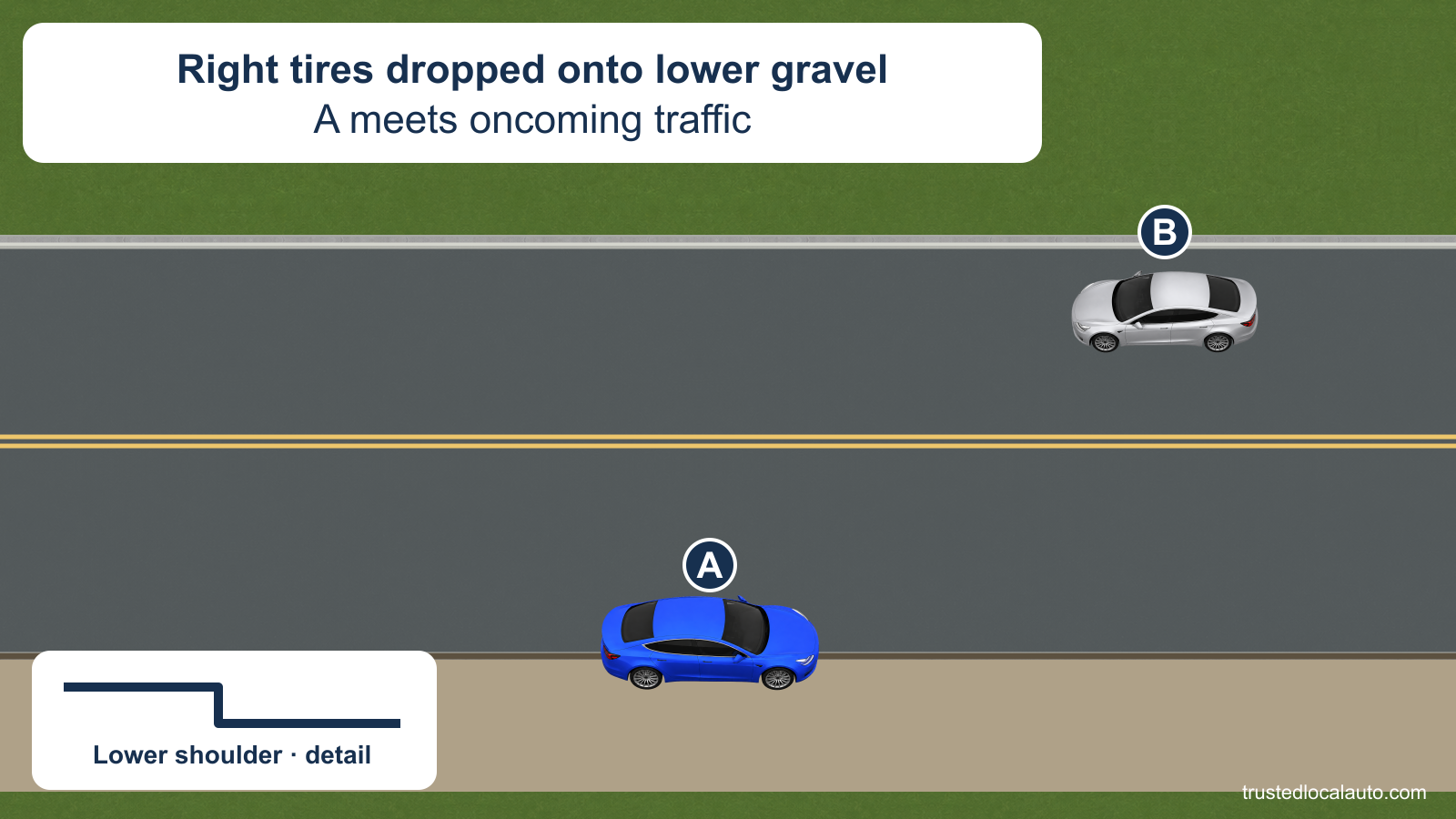 A’s right tires have dropped onto a lower gravel shoulder while its left tires remain on the pavement. B approaches in the opposite lane; a small section detail shows the drop.