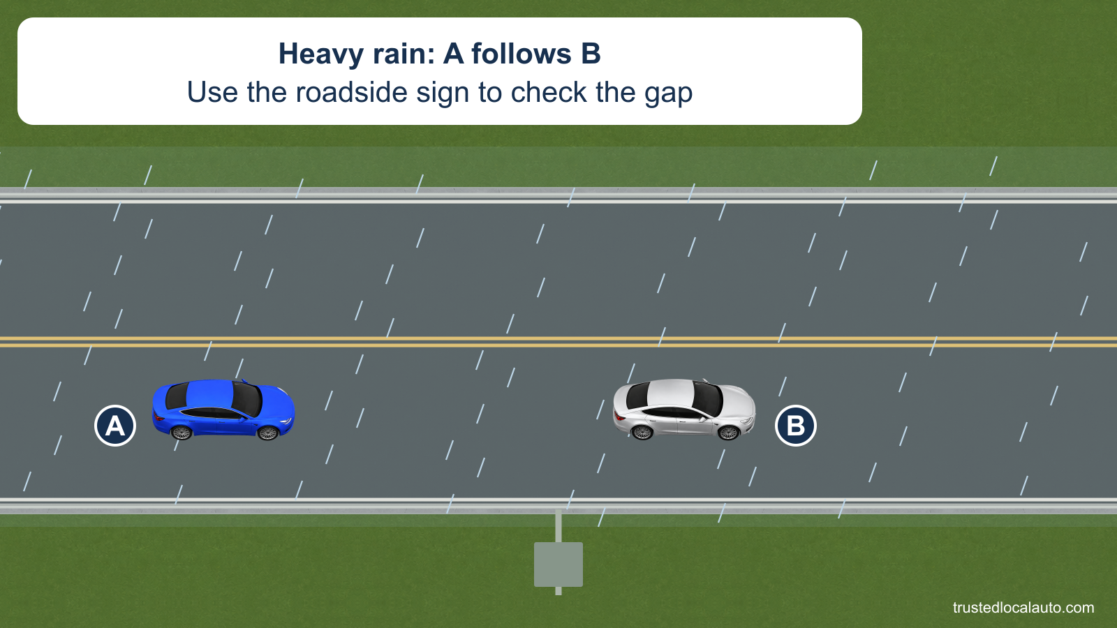 A follows B on a rain-covered two-way road in heavy rain. B has just passed the roadside sign; A is still behind that fixed reference point, with no time value shown.
