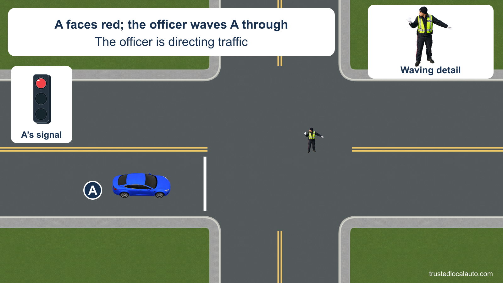 The officer waves toward A while A’s signal is red. The question shows the conflicting controls, with no chosen route through the intersection.