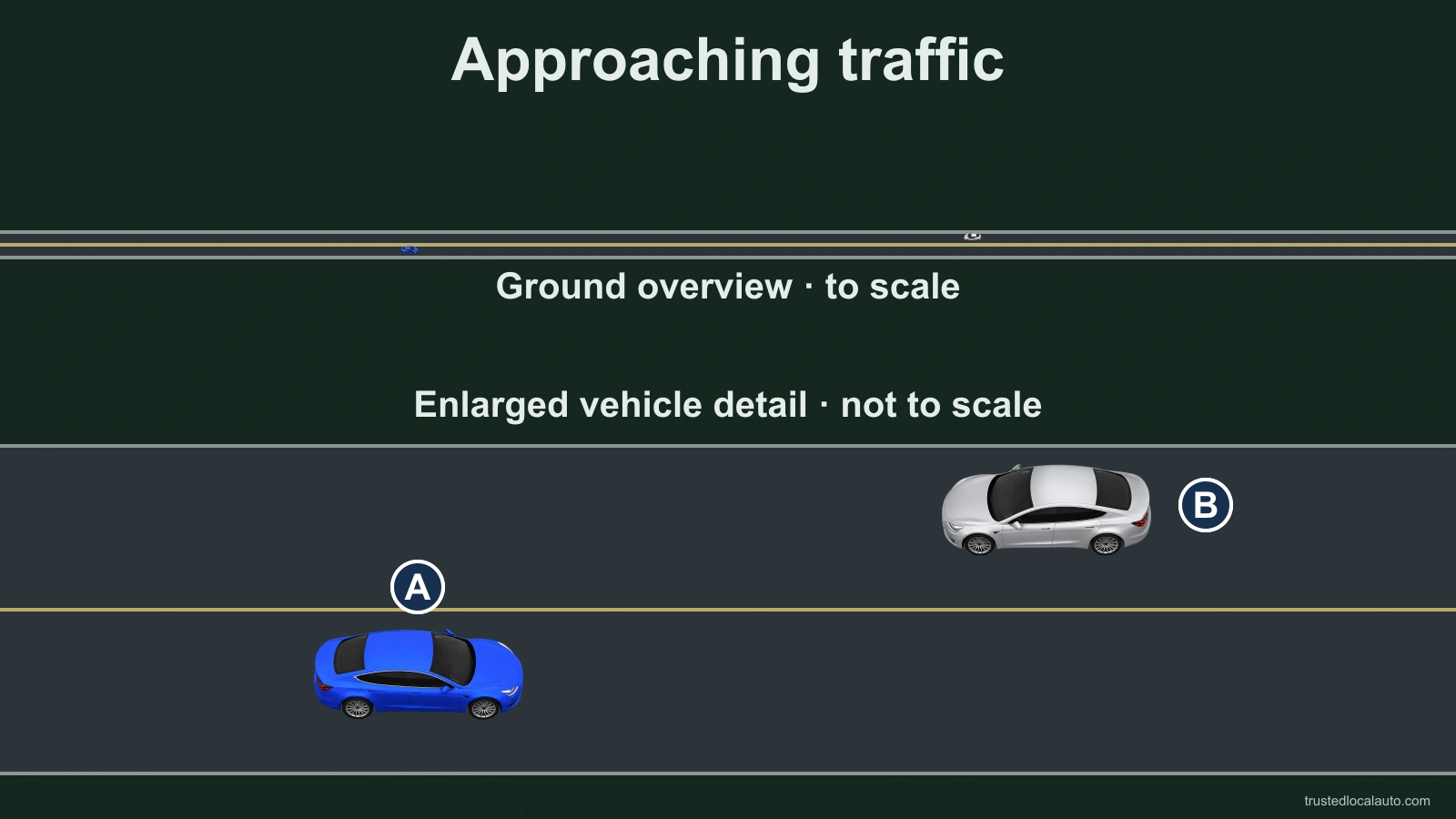 Two vehicles approach from opposite directions in a small road overview. A separate enlarged vehicle detail appears below, labelled not to scale.