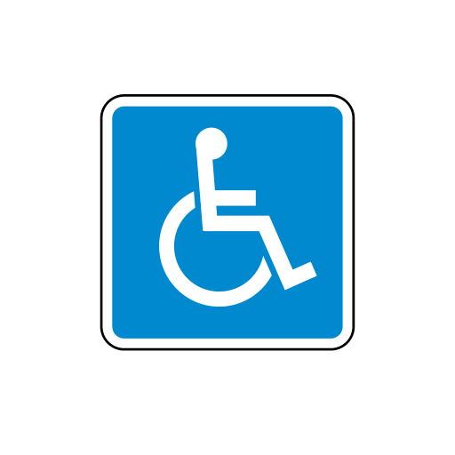 A white wheelchair symbol on a blue square sign.