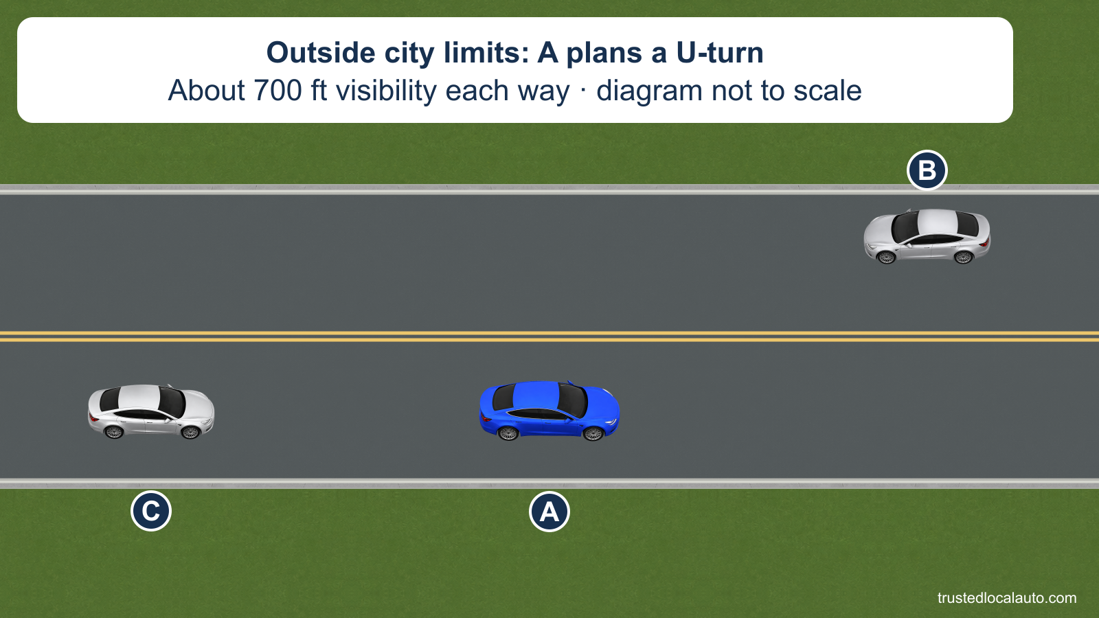 A plans a U-turn on a highway outside city limits. B approaches from the opposite direction and C from behind. The card gives about 700 feet of visibility in either direction. The drawing compresses the distances and shows no turn path.