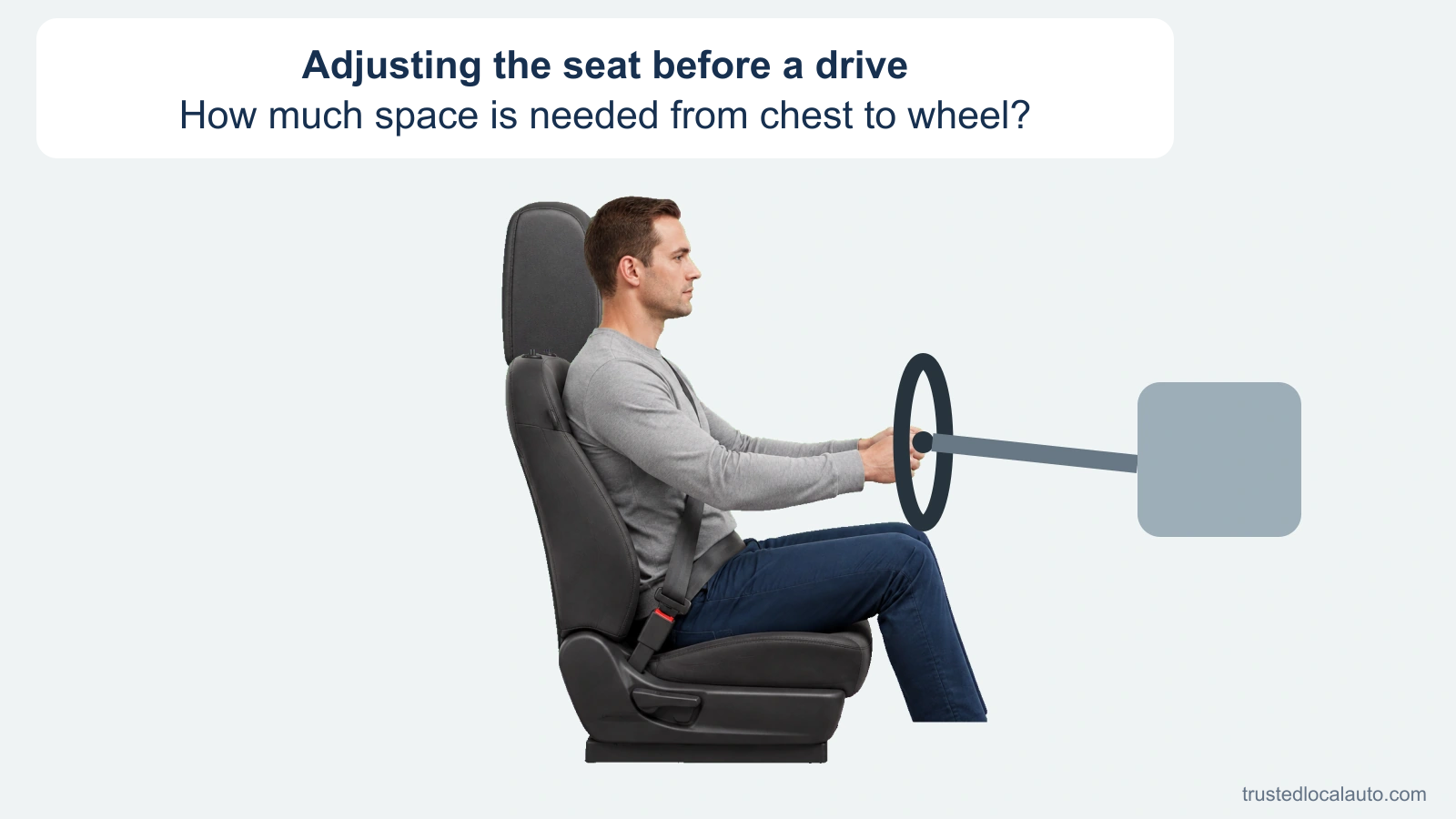 A side view shows a belted driver sitting upright at the steering wheel. The chest and wheel center are visible as reference points, with no measurement marked.
