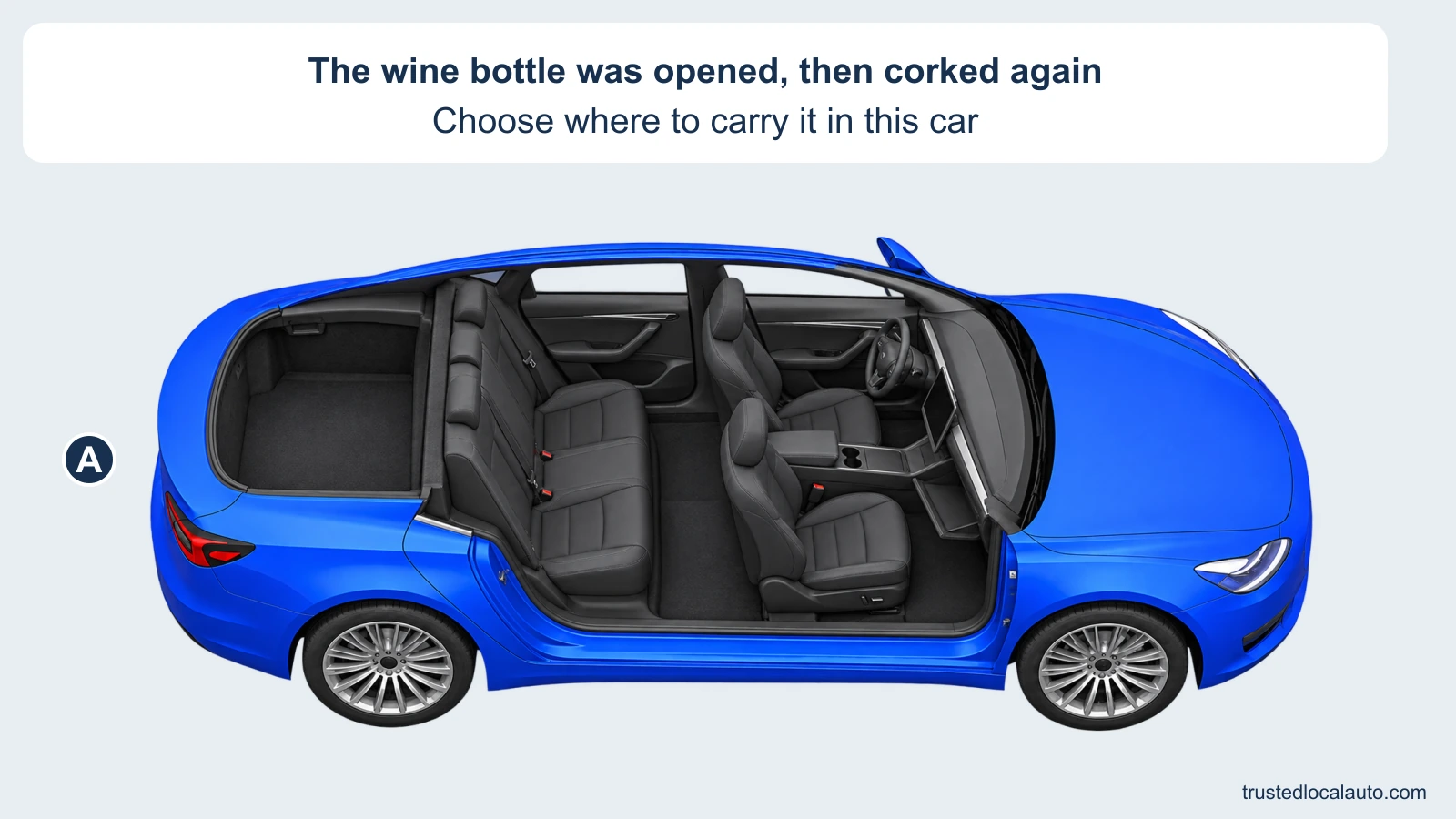 An empty blue sedan cutaway shows the rear trunk, rear seat, front seats and cup holder. No bottle or highlighted compartment is present. The card says the wine bottle was opened and corked again.