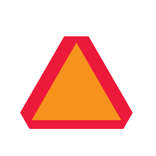 An orange triangle with clipped corners and a thick red border.