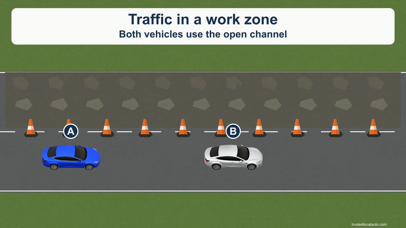 A follows B through the open channel of a work zone.