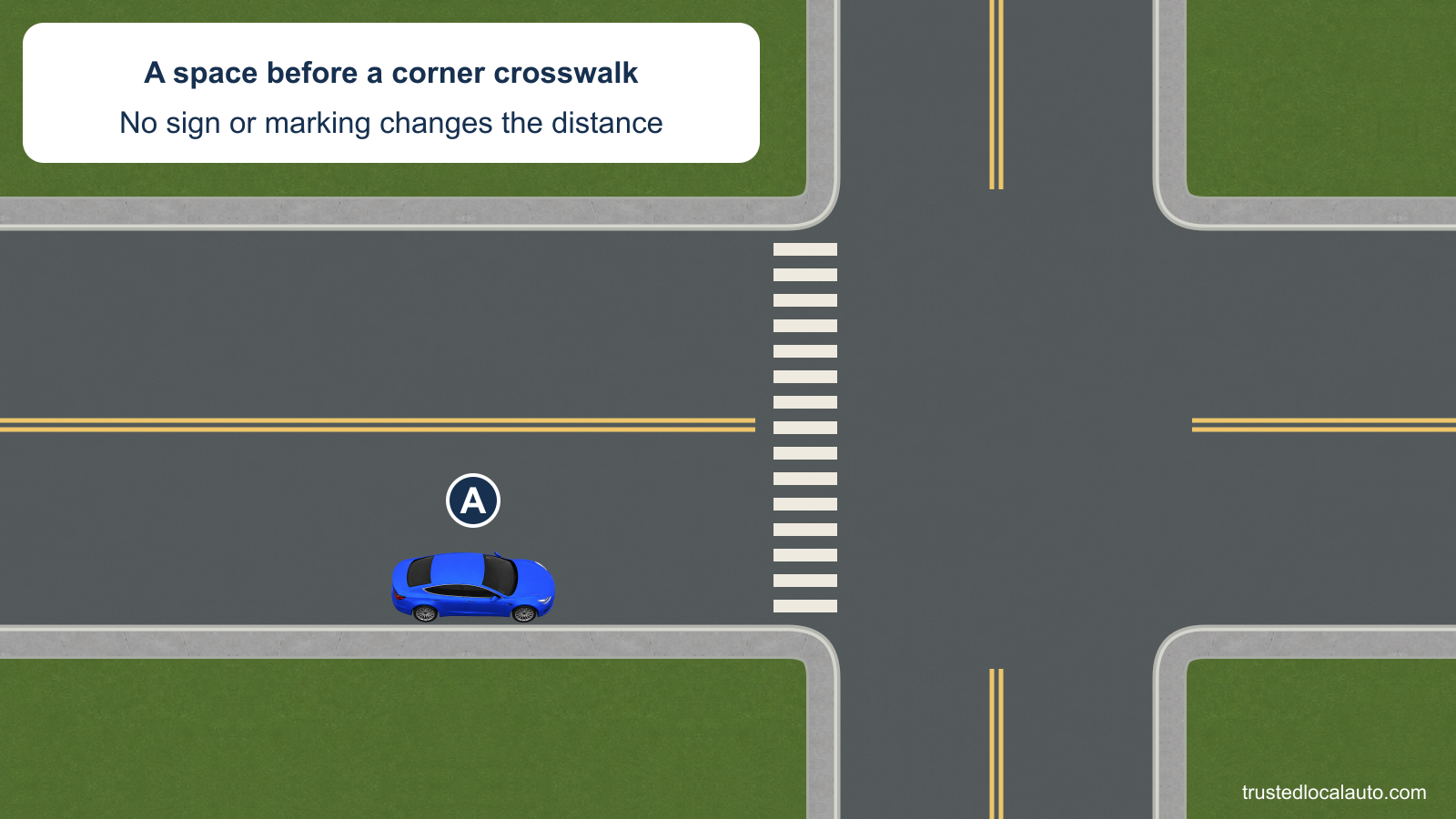 A is in a proposed curb space before a marked crosswalk at a corner. The crosswalk and A’s front bumper are visible, without a clearance value.