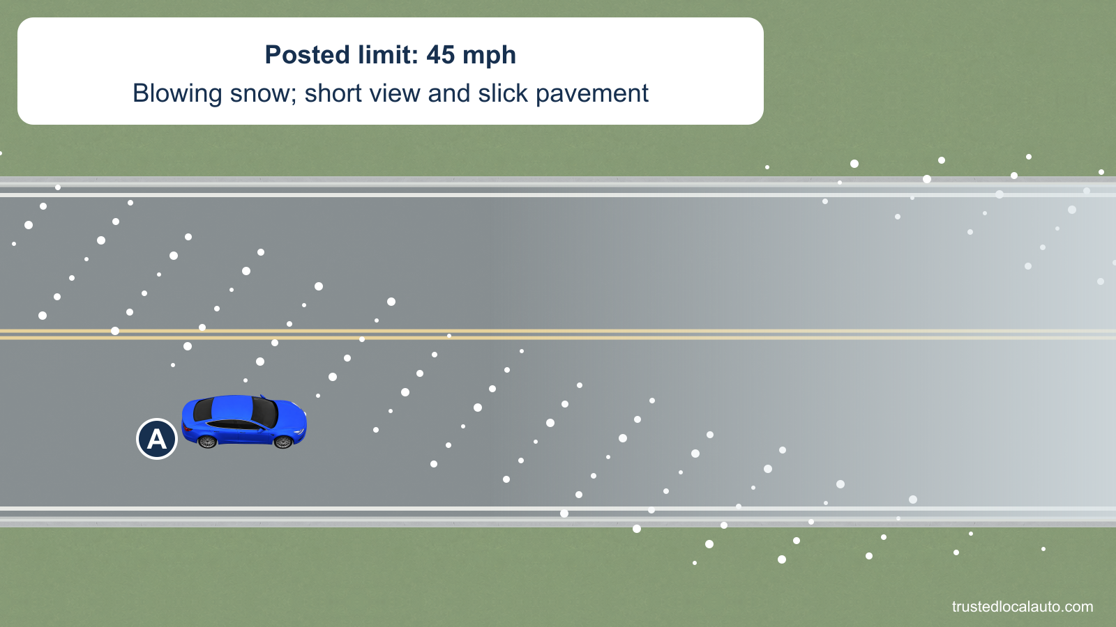 A is on a snow-obscured highway. A factual card states the posted limit is 45 mph, with blowing snow, short visibility and slick pavement. No target speed is selected.