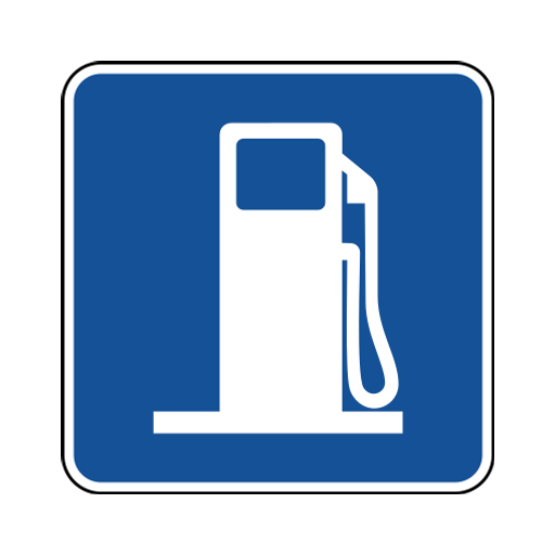A blue square with a white inset border contains a white fuel pump and hose.