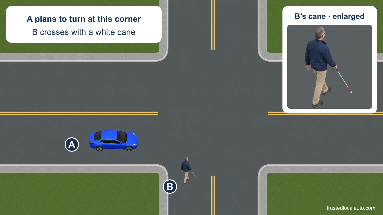 A approaches a corner to turn. A pedestrian using a white cane starts across the receiving street, where no crosswalk lines are painted. An enlarged detail shows the person’s cane.