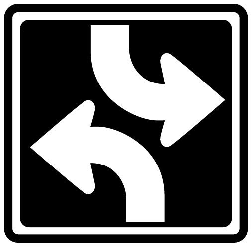 A black square sign has two white curved arrows, one from below pointing left and one from above pointing right.
